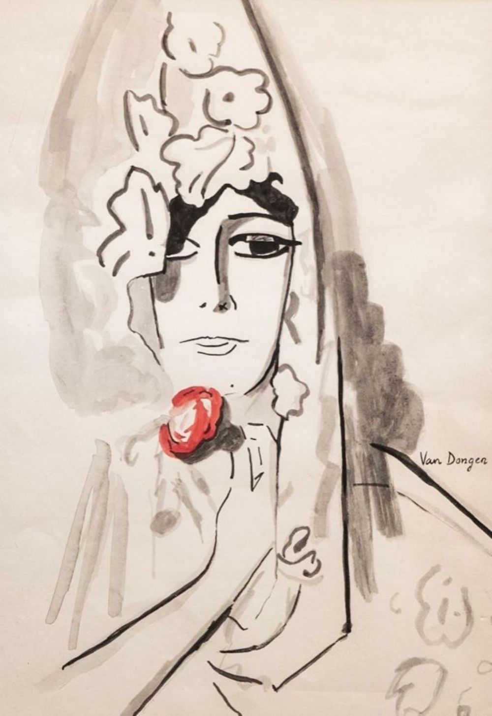 Lot 577: "Kees Van Dongen" watercolor portrait