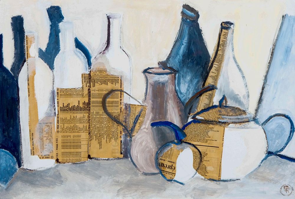 Lot 197: Picasso? Monogram PR Signed Collage and Painting, Still Life, Circa Mid-20th Century