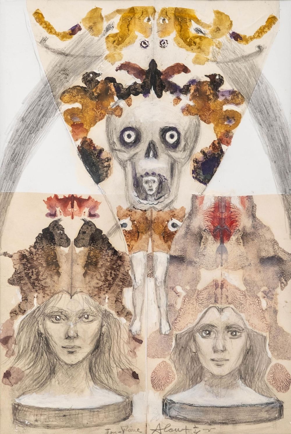 Lot 205: Signed Jean-Pierre Alaux Surrealist Mixed Media Collage, Two Faces and a Skull Painting