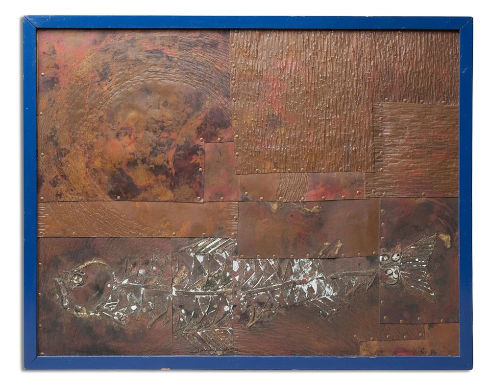 Lot 211: Hammered Copper Wall Sculpture with Fish Motif, Artist Signed