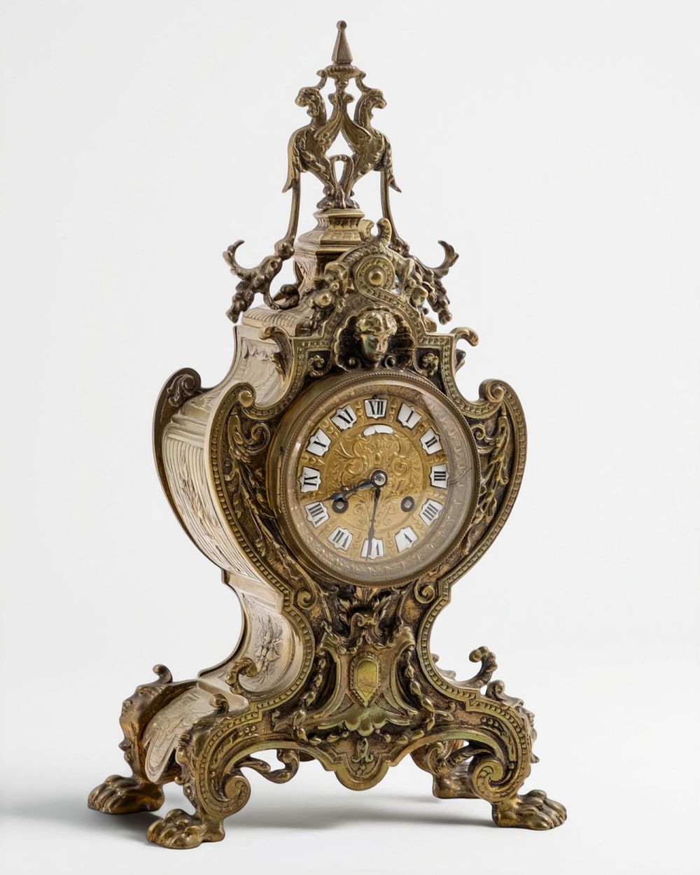 Lot 218: French 19th Century Bronze Mantel Clock with Rich Decoration, 16" Tall