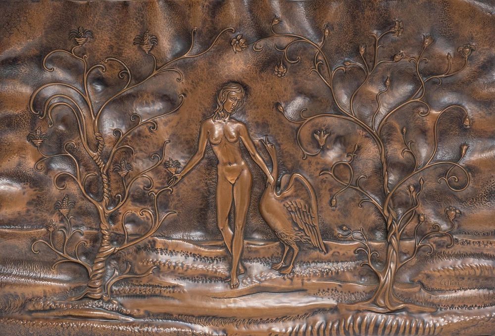 Lot 222: Studio Cellini Italian Copper Relief, Leda and the Swan