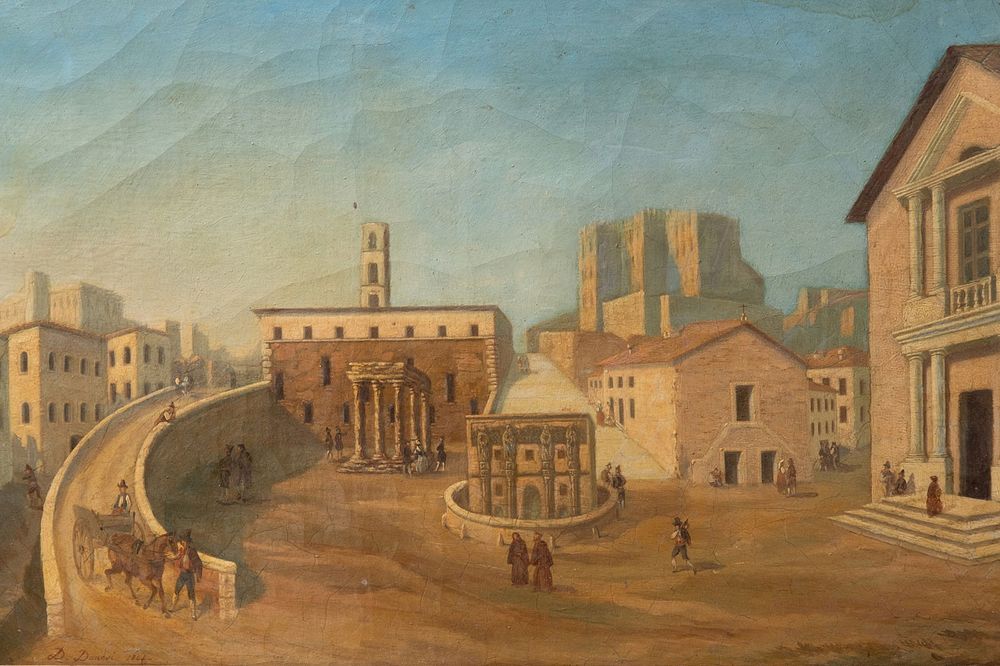 Lot 223: Dominique Danesi Signed Italian Piazza Oil on Canvas Painting, 1845