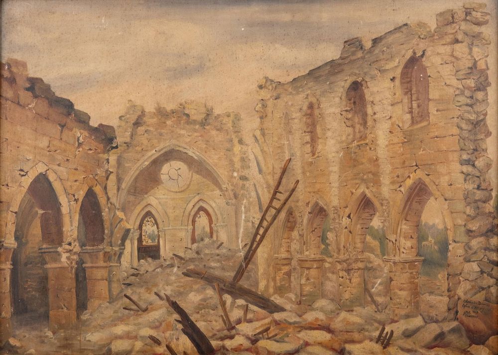 Lot 224: Signed Alex Chevreux Oil on Panel Painting, Anizy Church in Ruins, 1919