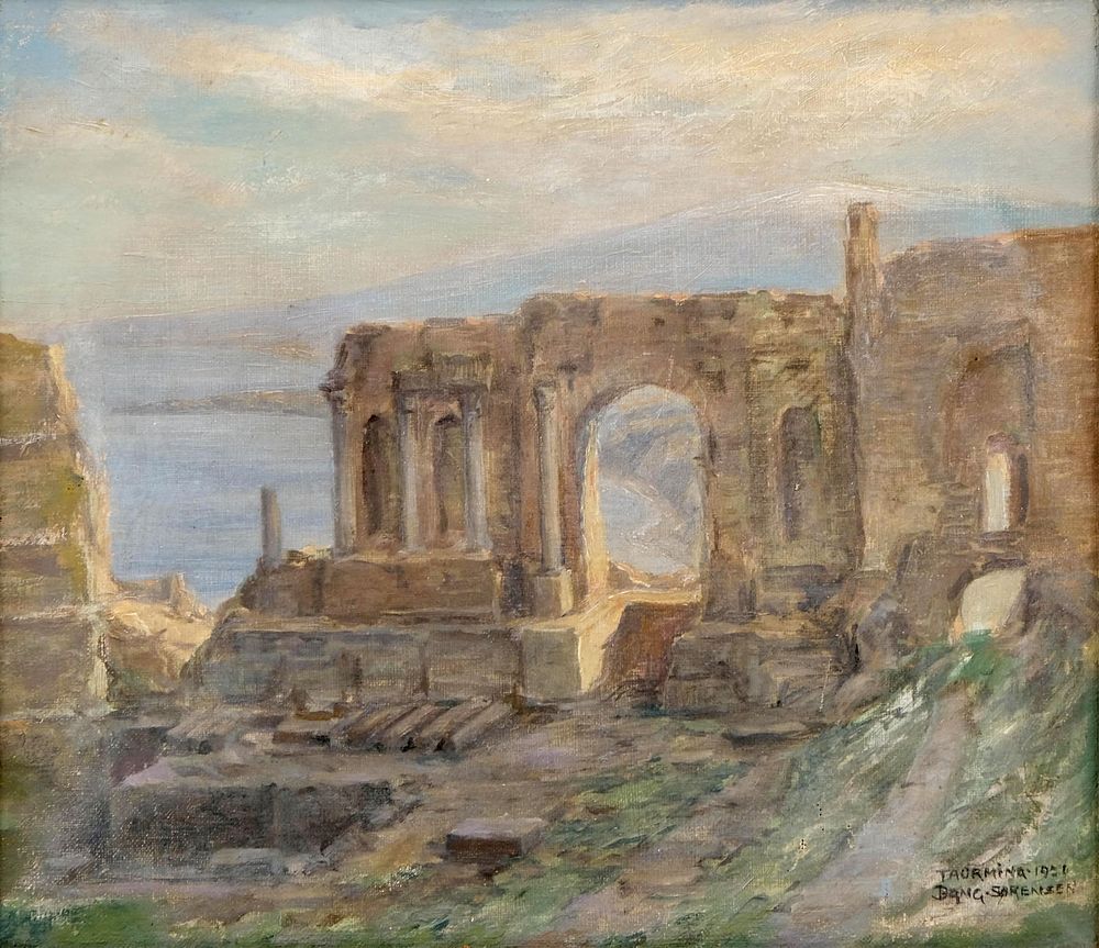 Lot 225: Signed Michael Bang-Sorensen, "The Ruins, " Oil on Canvas Painting, 1921 Greek Theatre Taormina