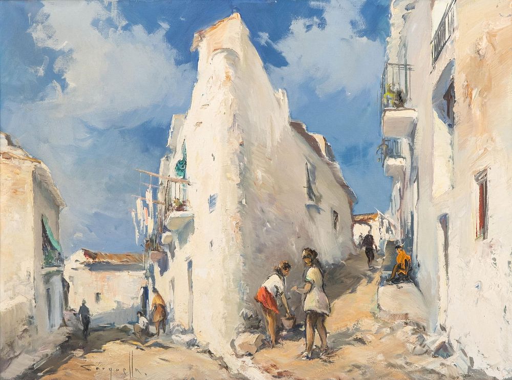 Lot 226: Joseph Sarquella (19282000) Signed Oil Painting, Village Alley
