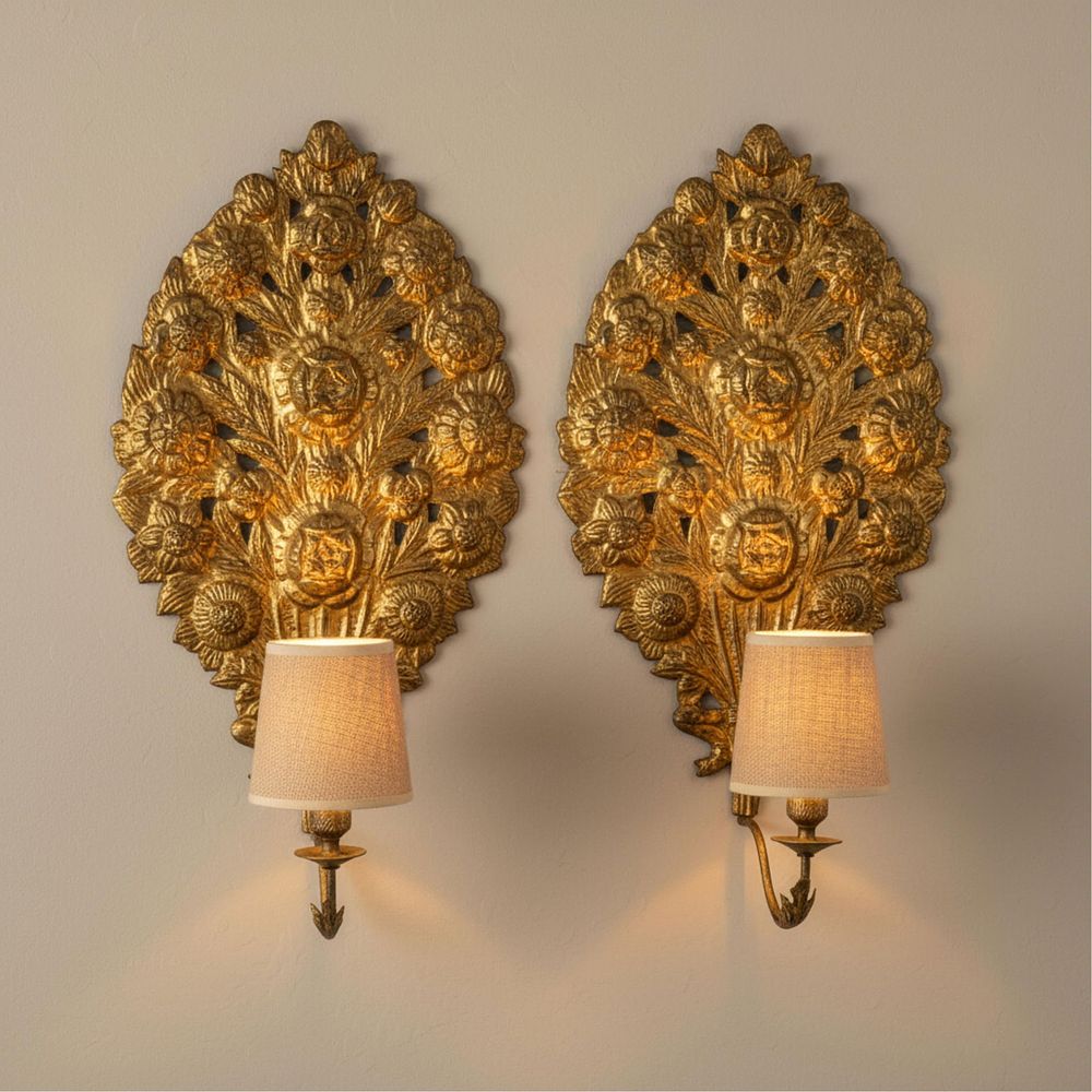 Lot 455: Pair of Art Nouveau Repousse Sconces with Embossed Gilded Brass Metal