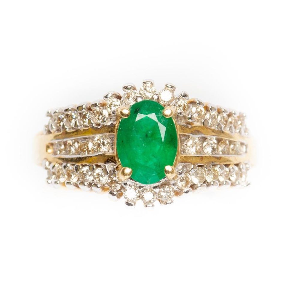 Lot 204: GIA 14K Gold and emerald ring with diamonds