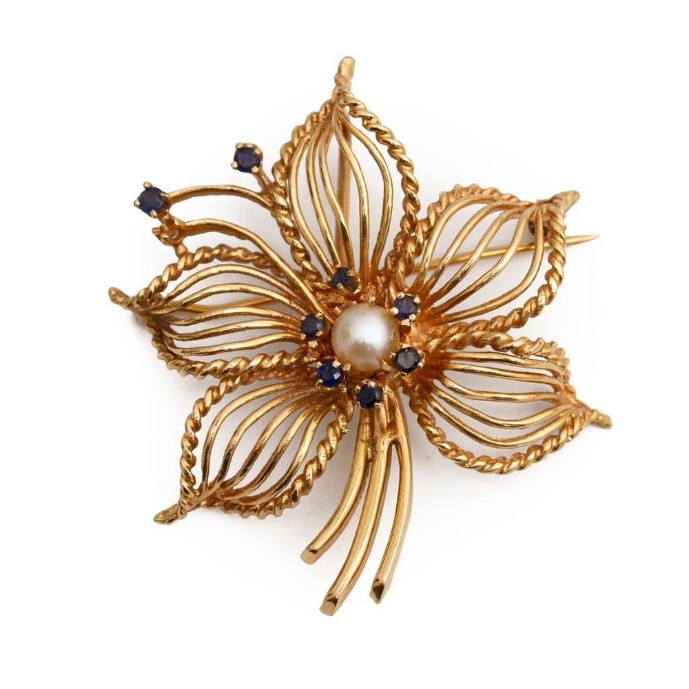 Lot 306: GIA 14K Gold sapphire and pearl convertible pendant