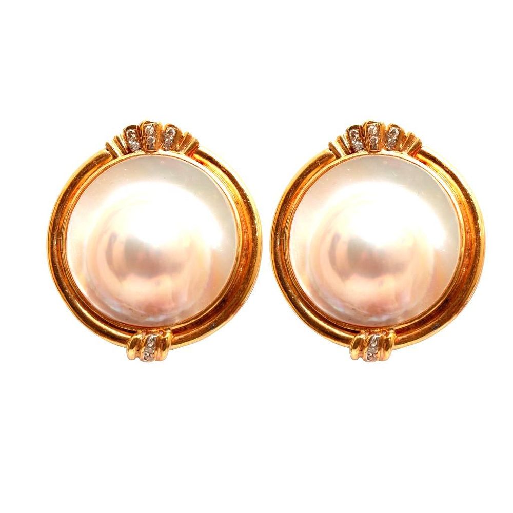 Lot 361: GIA Vintage 14kt gold, Mabe pearl and diamond earrings