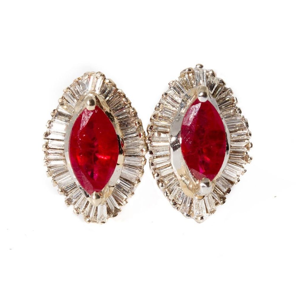 Lot 454: 14k White Gold, Ruby and Diamond Earrings