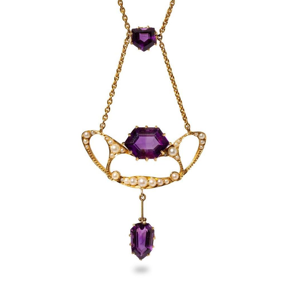 Lot 458: Ollivant & Botsford 18k amethyst seed pearl necklace