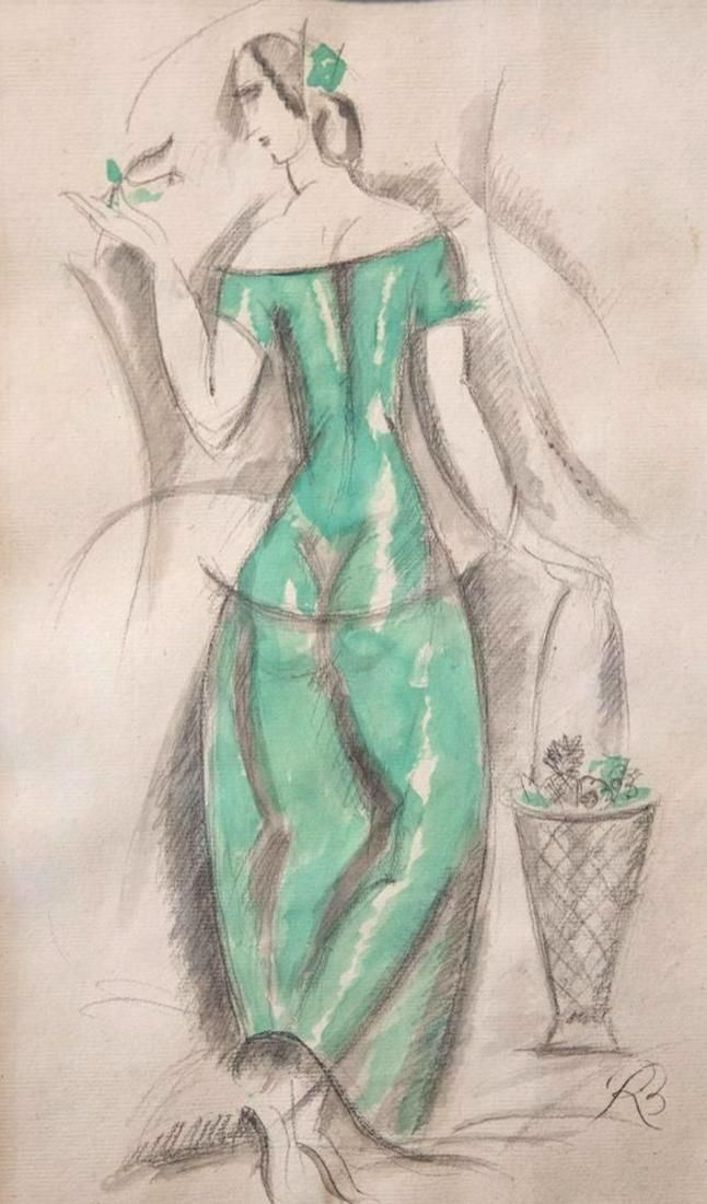 Lot 189: Rene Buthaud Mixed-Media Painting on Paper Signed and