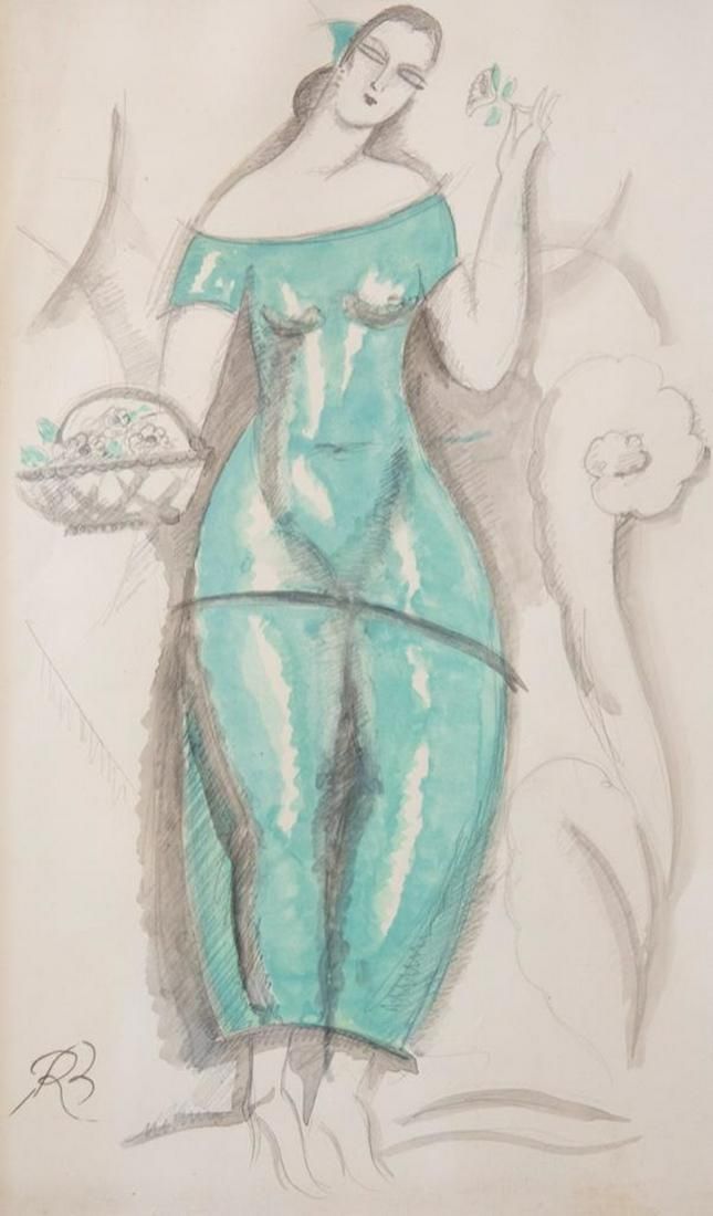 Lot 190: Rene Buthaud Mixed-Media Painting on Paper Signed and