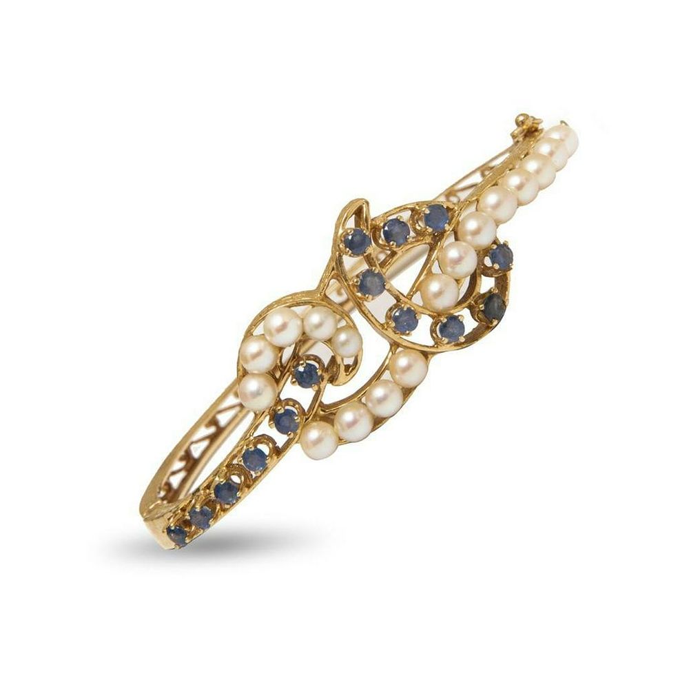 Lot 210: GIA Vintage 14K gold, pearl and sapphire bracelet