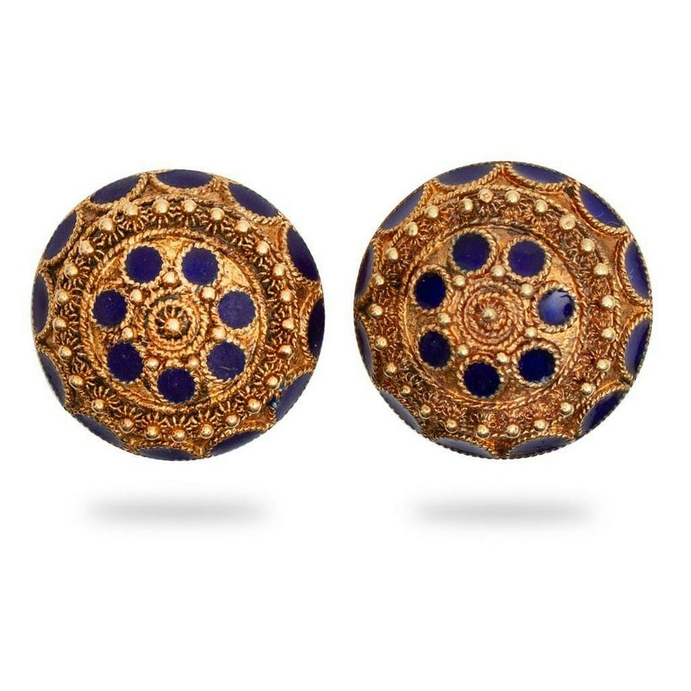 Lot 211: Vintage Earrings, GIA 14kt gold enameled Etruscan