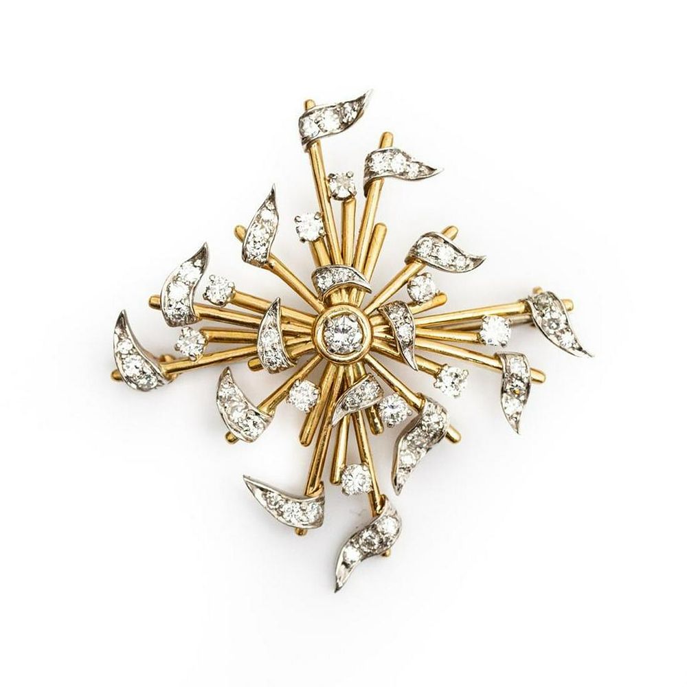 Lot 214: Brooch, GIA 14K Gold, Platinum and Diamond Starburst