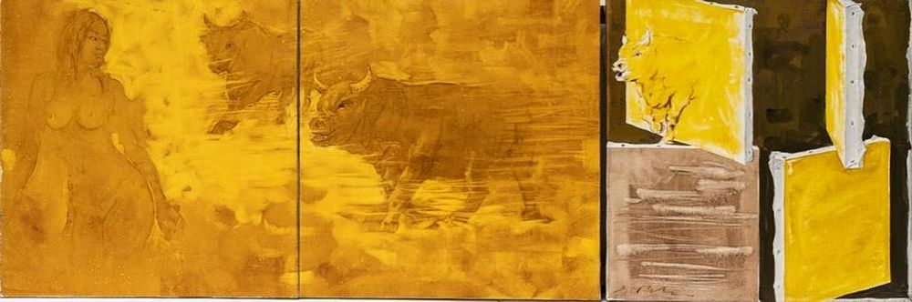 Lot 236: Choi Chul Signed Charging Bull Modernist Triptych