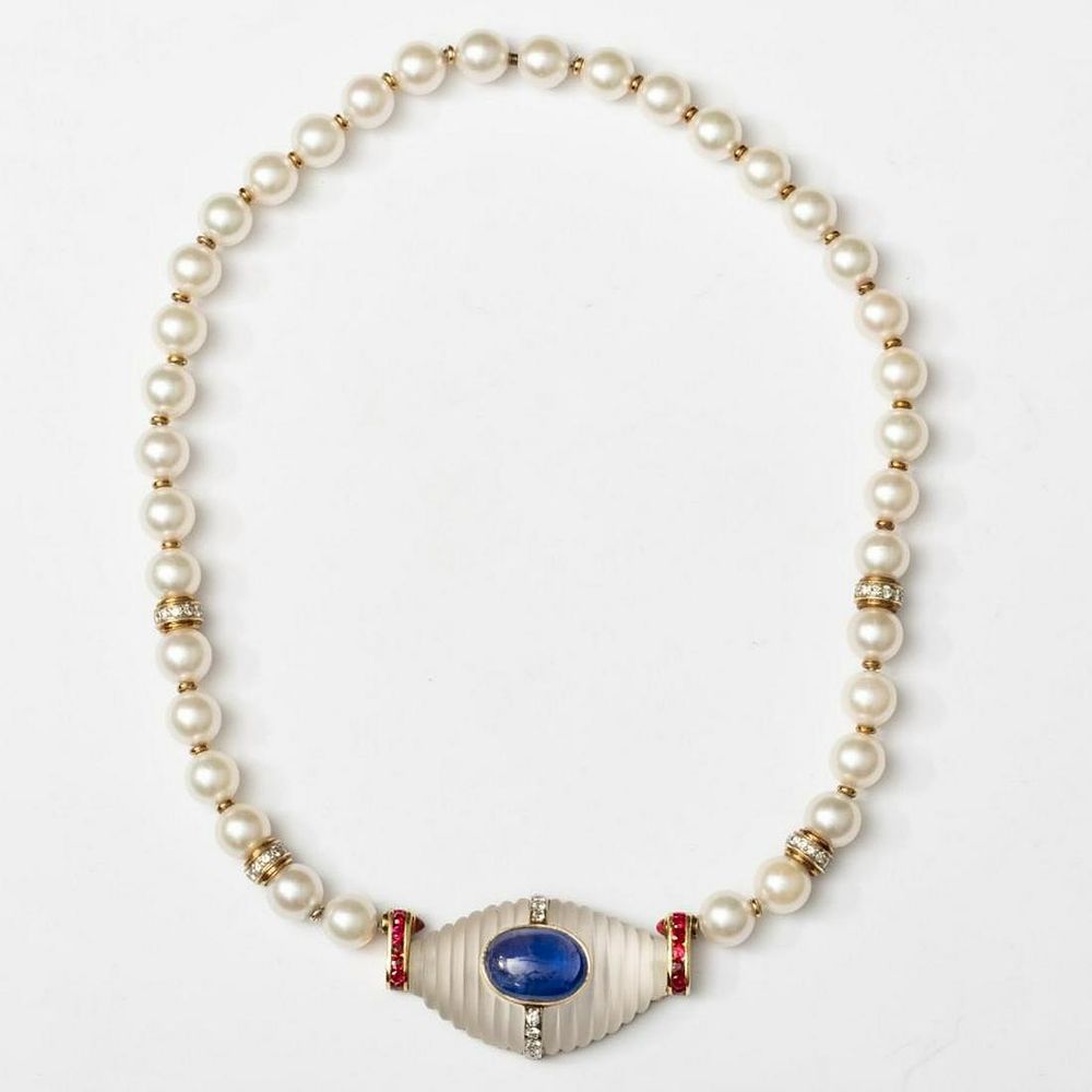 Lot 426: Boris LeBeau 18K Pearl, Gold,  Crystal, Sapphire, Ruby