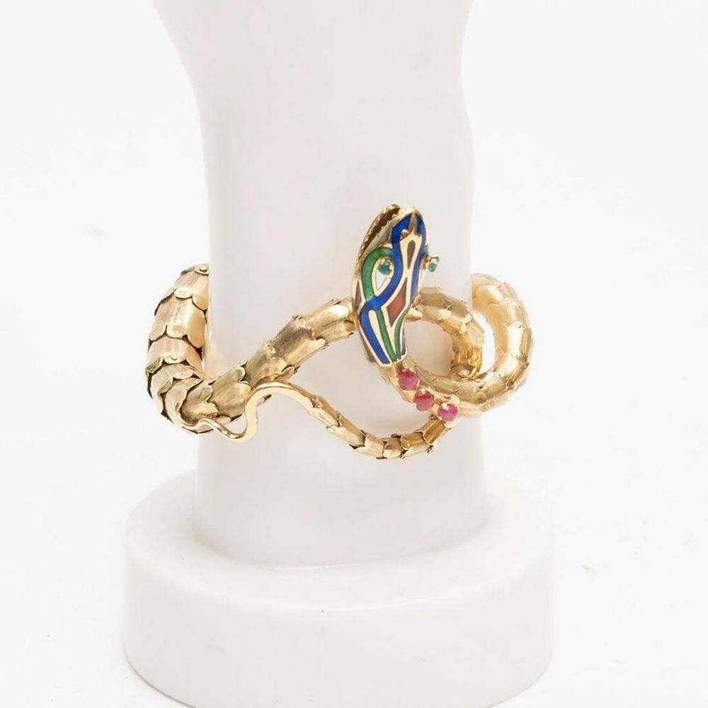 Lot 435: Antique Gold, Enamel, and Gem-Set Snake Bracelet