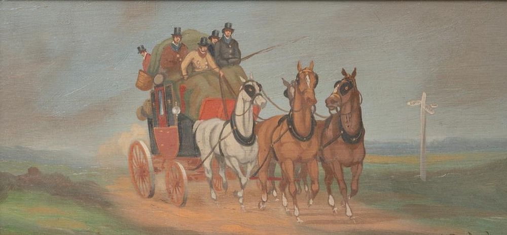 Lot 208: 20th Century, Coaching Scene at a Crossroad. Signed W. Rowland, Oil on Board