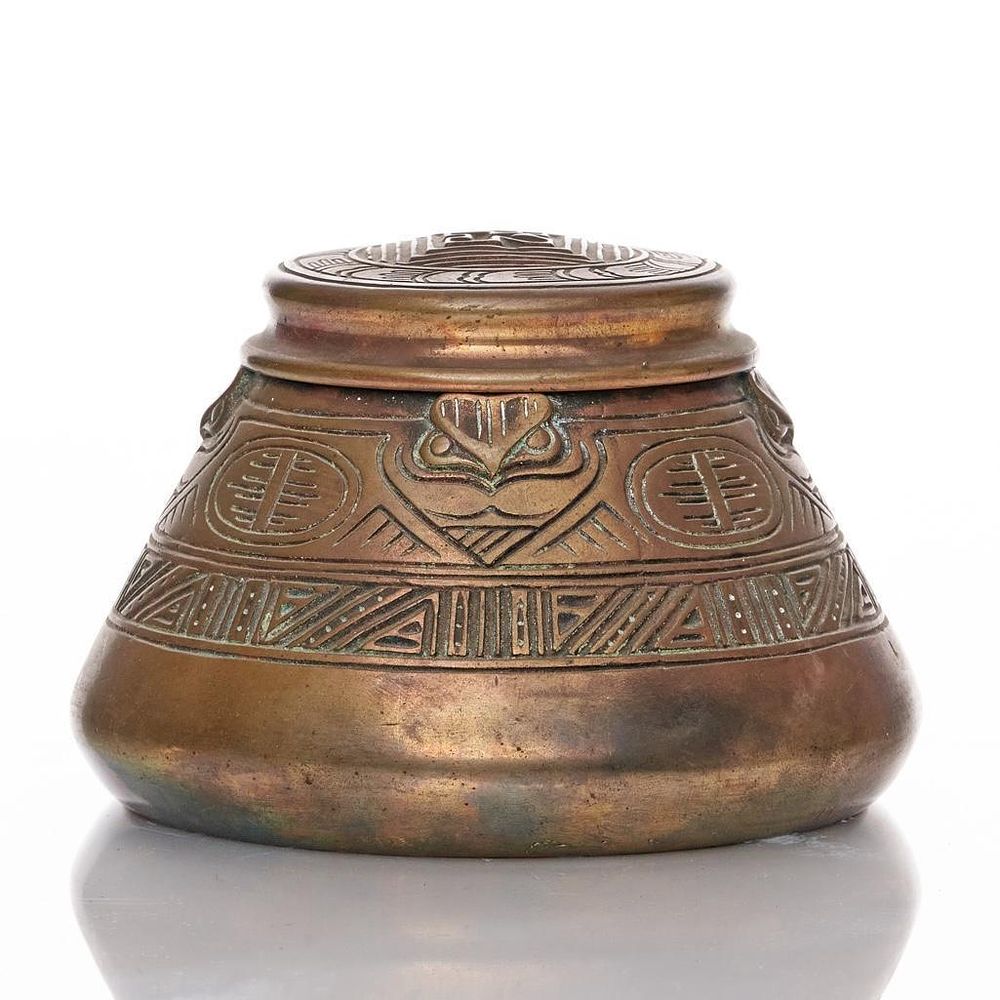 Lot 218: Tiffany Studios, NY. Bronze Inkwell in the American Indian Pattern