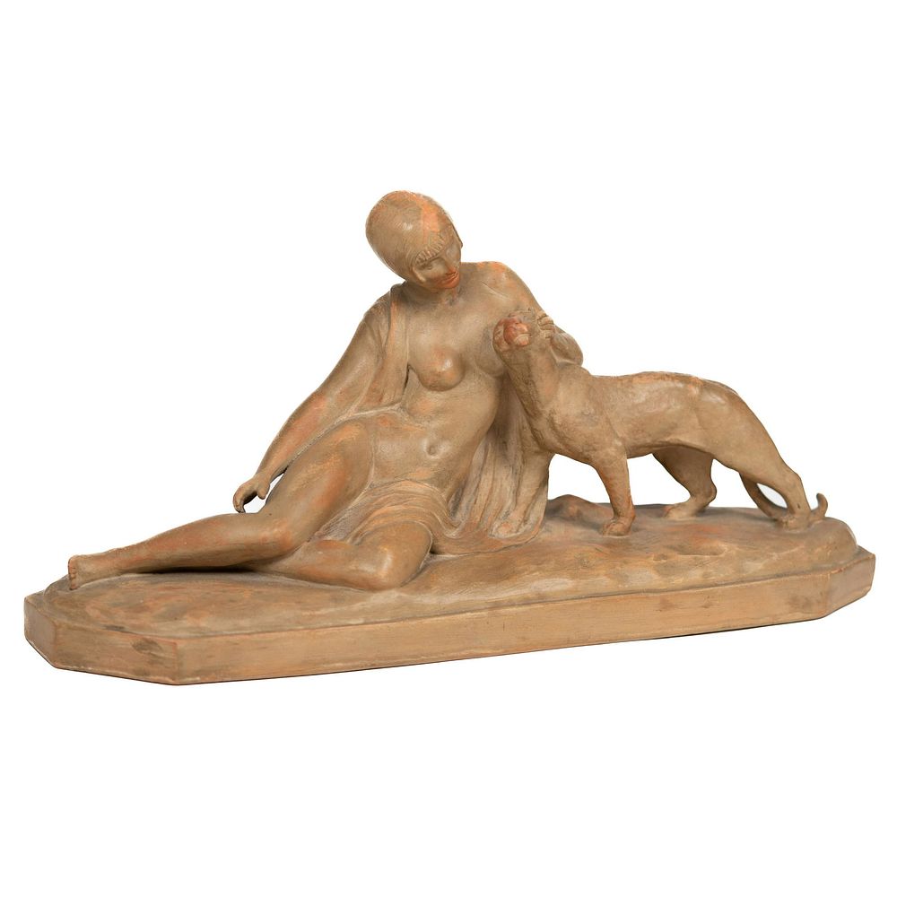 Lot 222: Signed C. Charles Terracotta Sculpture of Reclining Female Figure with Panther