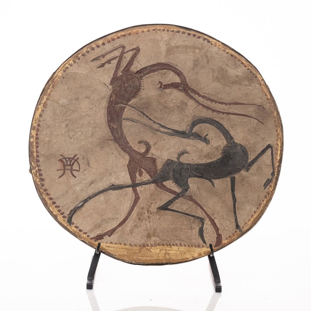 Lot 228: Large 20" signed Hunt Diederich Painting on Stone Plaque Decorated with two Antelopes