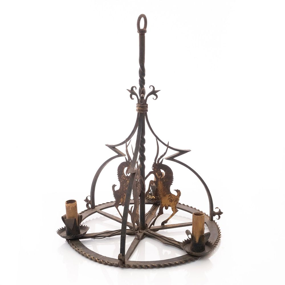 Lot 229: Hunt Diederich Hand Crafted Wrought Iron Hanging Lamp with Antelope Silhouettes