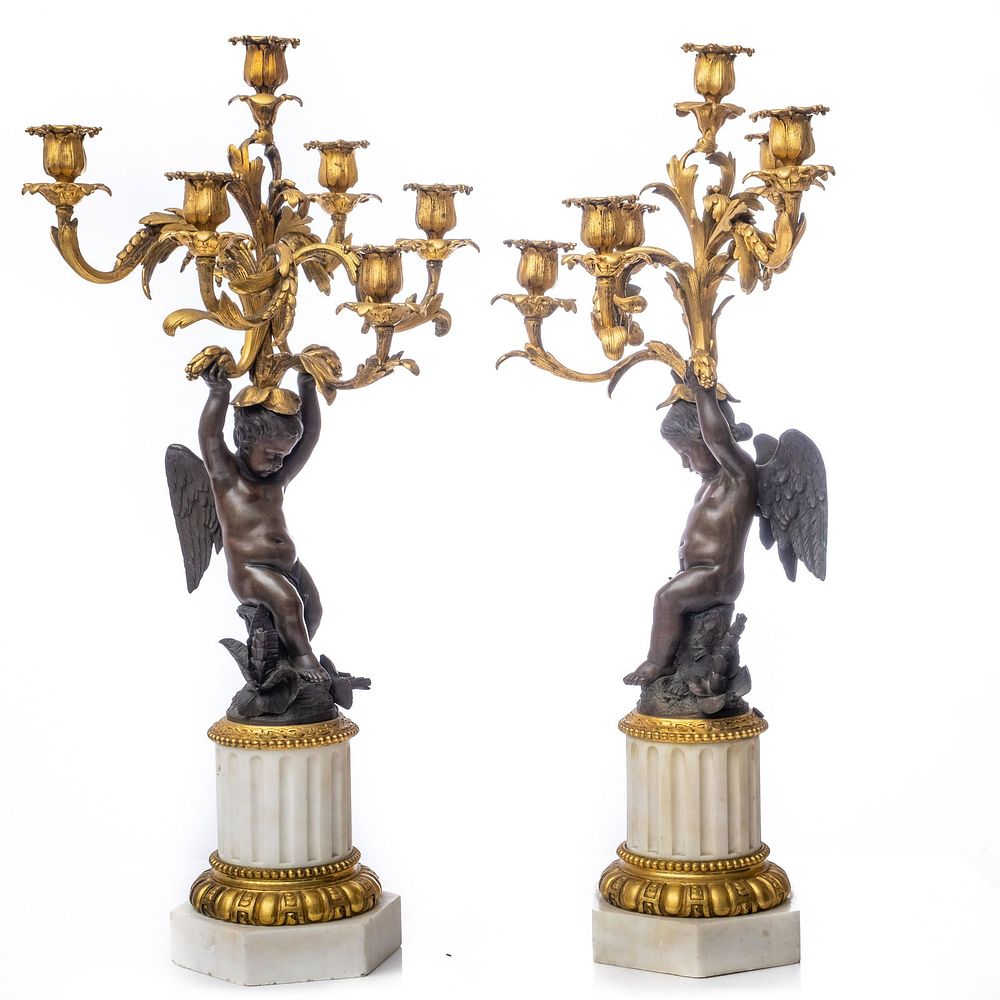 Lot 230: Antique Pair of Gilded and Patinated Bronze Five-light Candelabra, C 1900