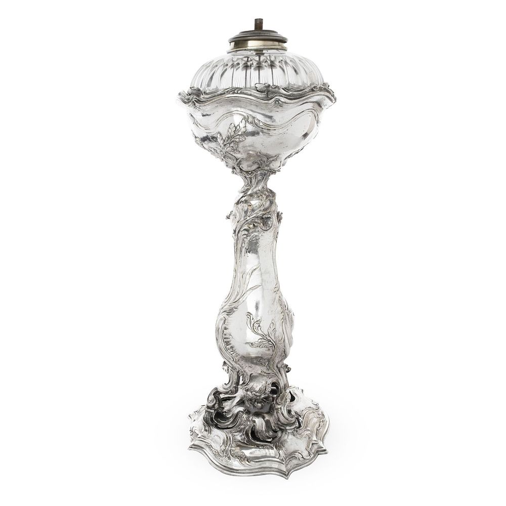Lot 241: Exceptional Silvered Bronze and Cut Crystal Piano Lamp, 19th century