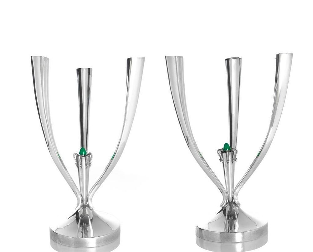 Lot 242: Pair of Mid-20th Century Spanish Sterling Silver Candlelabras with Stone Cabochon