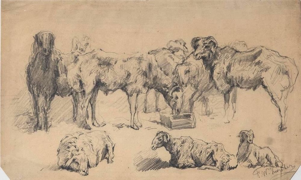 Lot 249: Signed Frederick Zurcher, 'Study of a Flock of Sheep'. Pencil on Paper