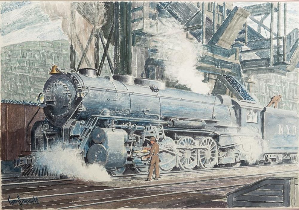 Lot 250: Signed George Samuels, 'Workers Maintaining a Train at a Station Stop'. Watercolor, circa 1940's
