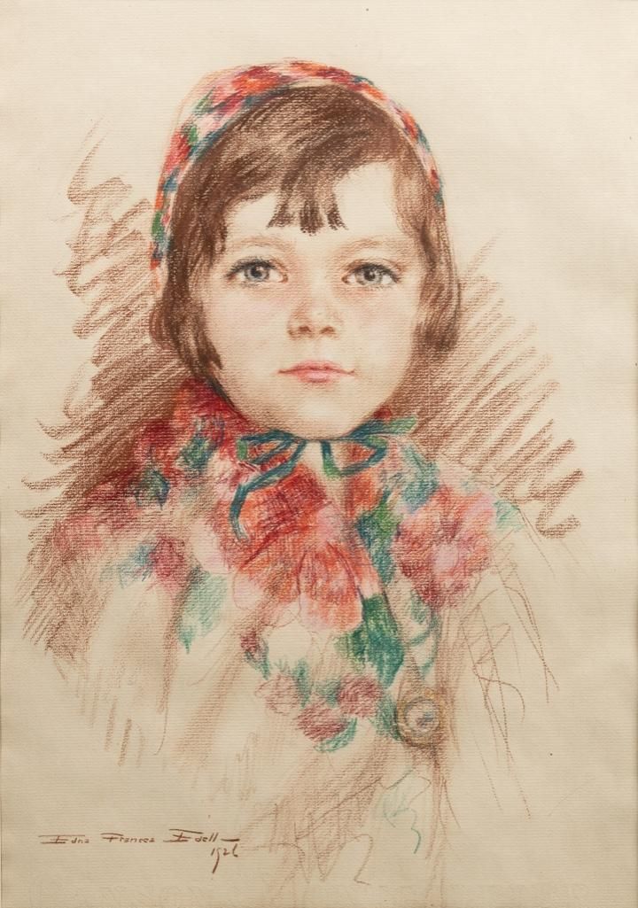 Lot 251: Signed Edna Frances Edell (Candler), 'Drawing of a Young Girl'. Colored Pencil & Chalk on Paper