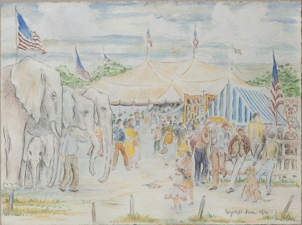 Lot 256: Signed Reynolds Beal 'Circus Scene with Elephants', painting Crayon & Pencil on Paper, circa 1936
