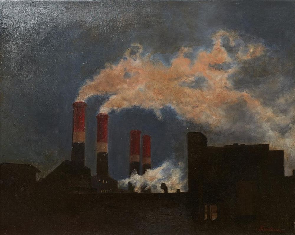 Lot 290: Signed John Sloan, 'Industrial Nightscape'. Oil painting