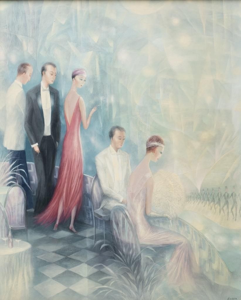 Lot 315: Signed Mid-20th Century George Russin, 'Figures in a Theatre'. Oil on Canvas