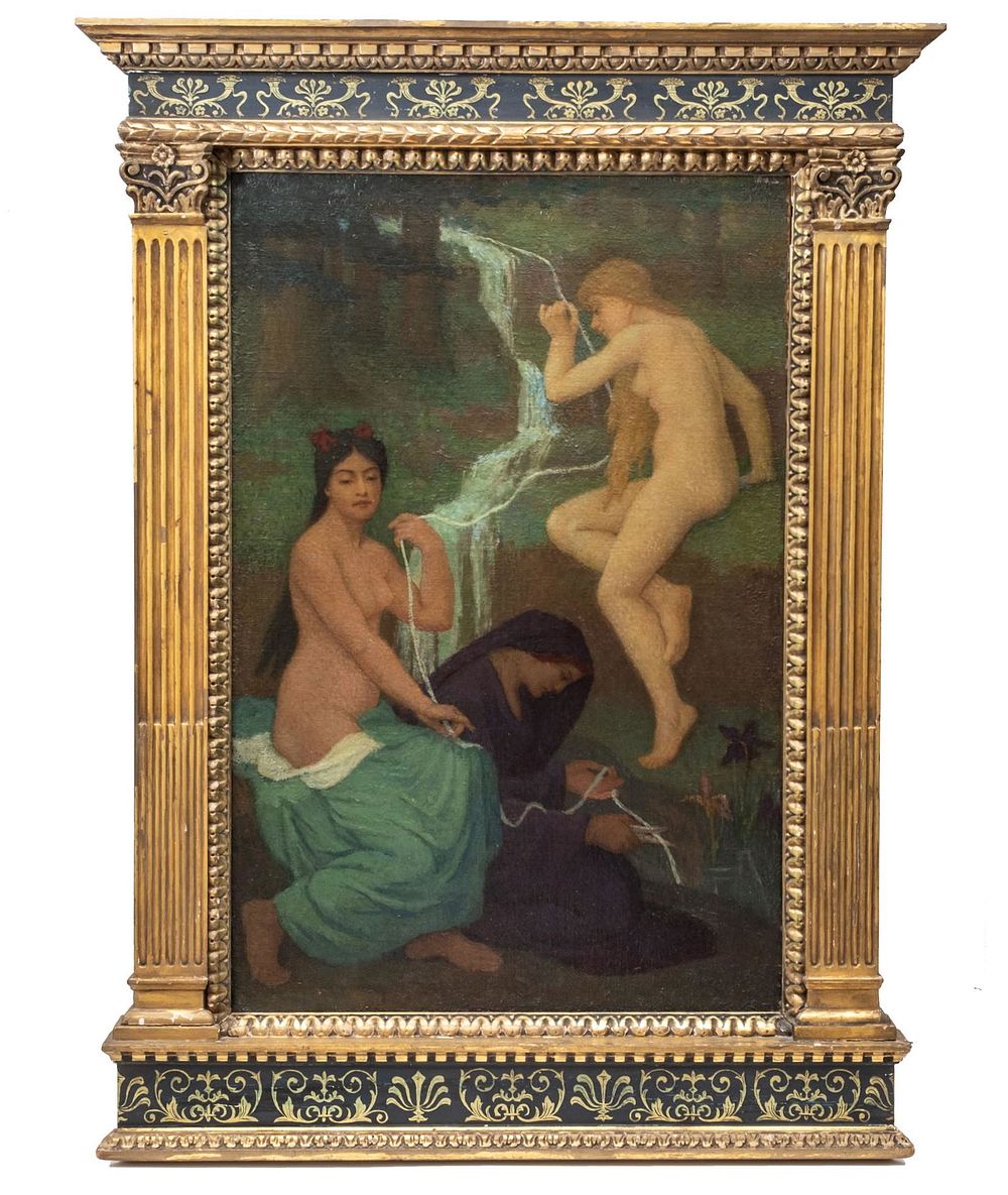 Lot 319: Signed John Hemming Fry, 'The Fates'. Provenance: Knoedler and Canton Art Institute. Oil Painting on