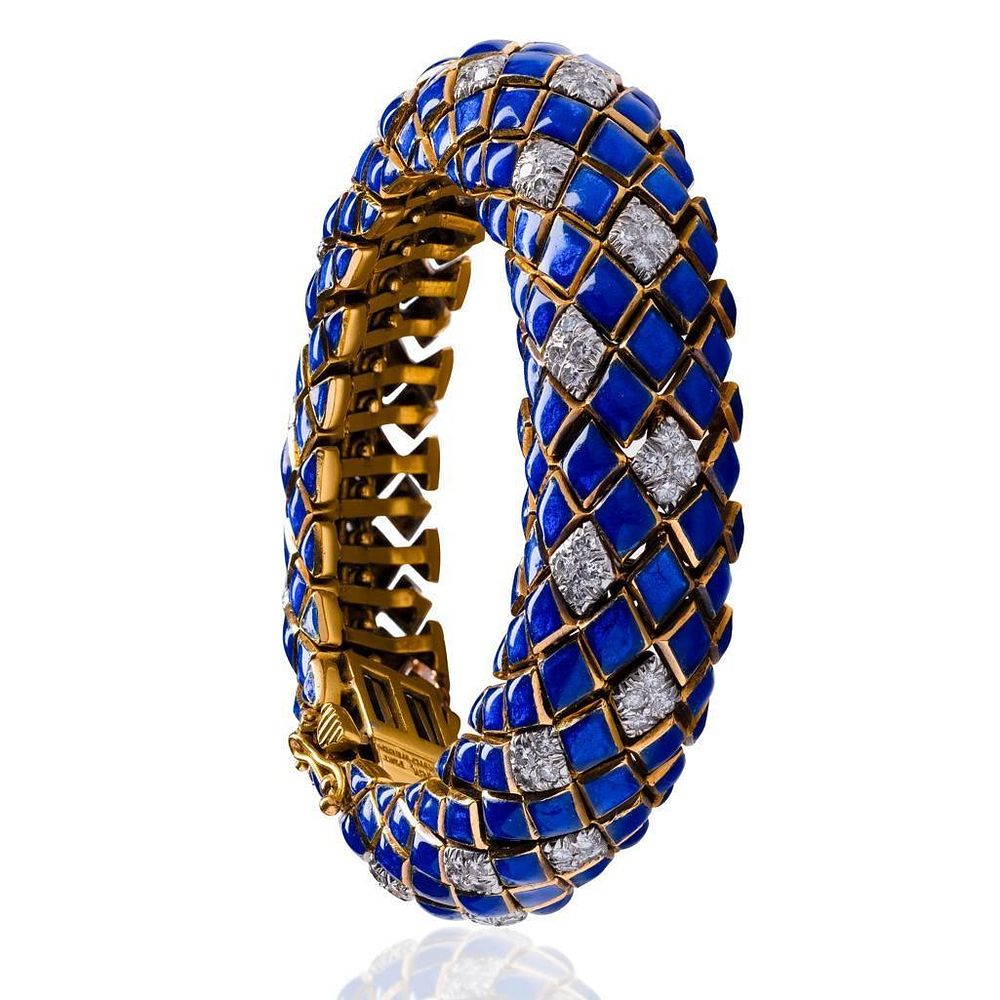 Lot 334: David Webb Blue Enamel Diamond 18K Gold Platinum Bracelet