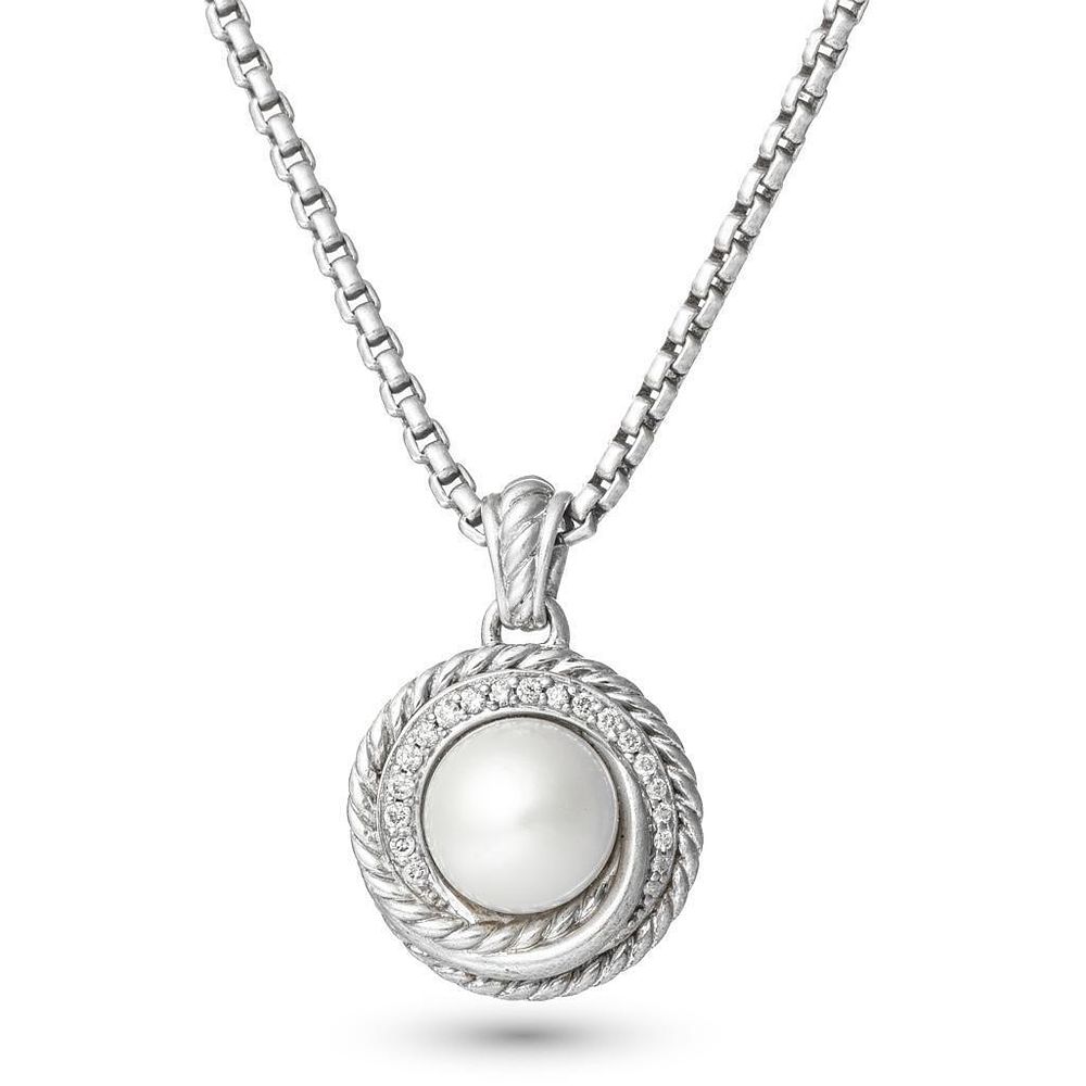 Lot 409: Signed David Yurman Silver Pearl and Diamond Necklace