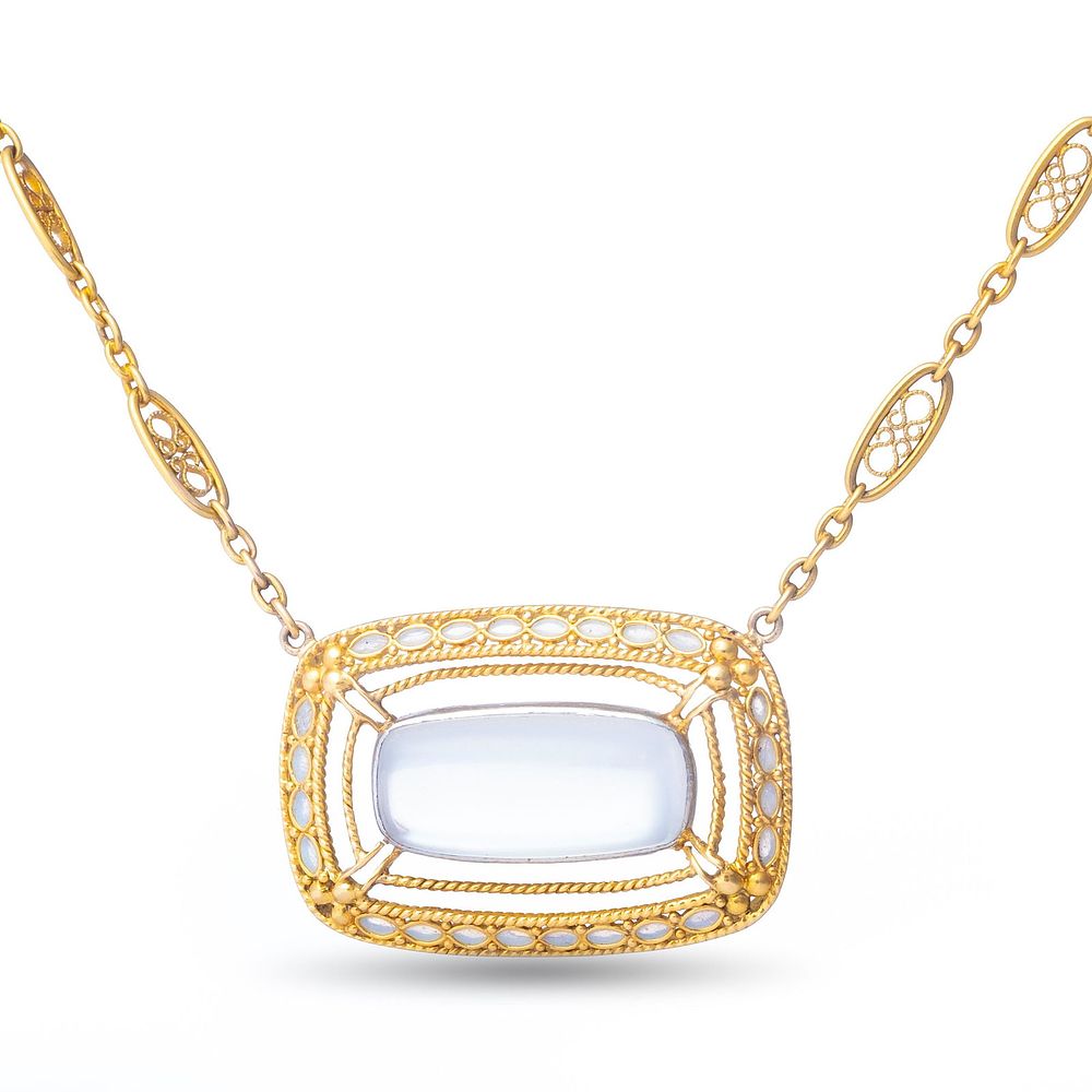 Lot 410: Louis Comfort Tiffany Art Nouveau Moonstone and Plique-a-Jour Enamel Pendant Necklace