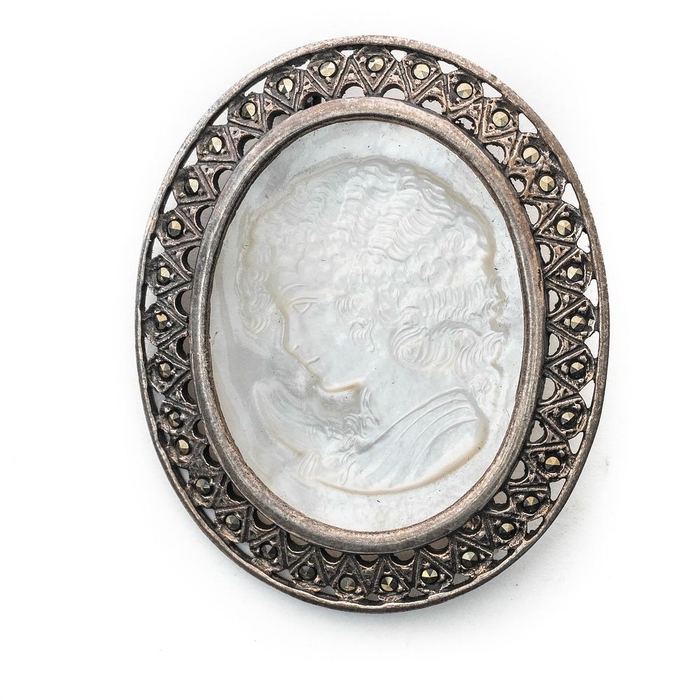 Lot 222: Art Nouveau Cameo Carved Mother of Pearl Sterling Silver Brooch