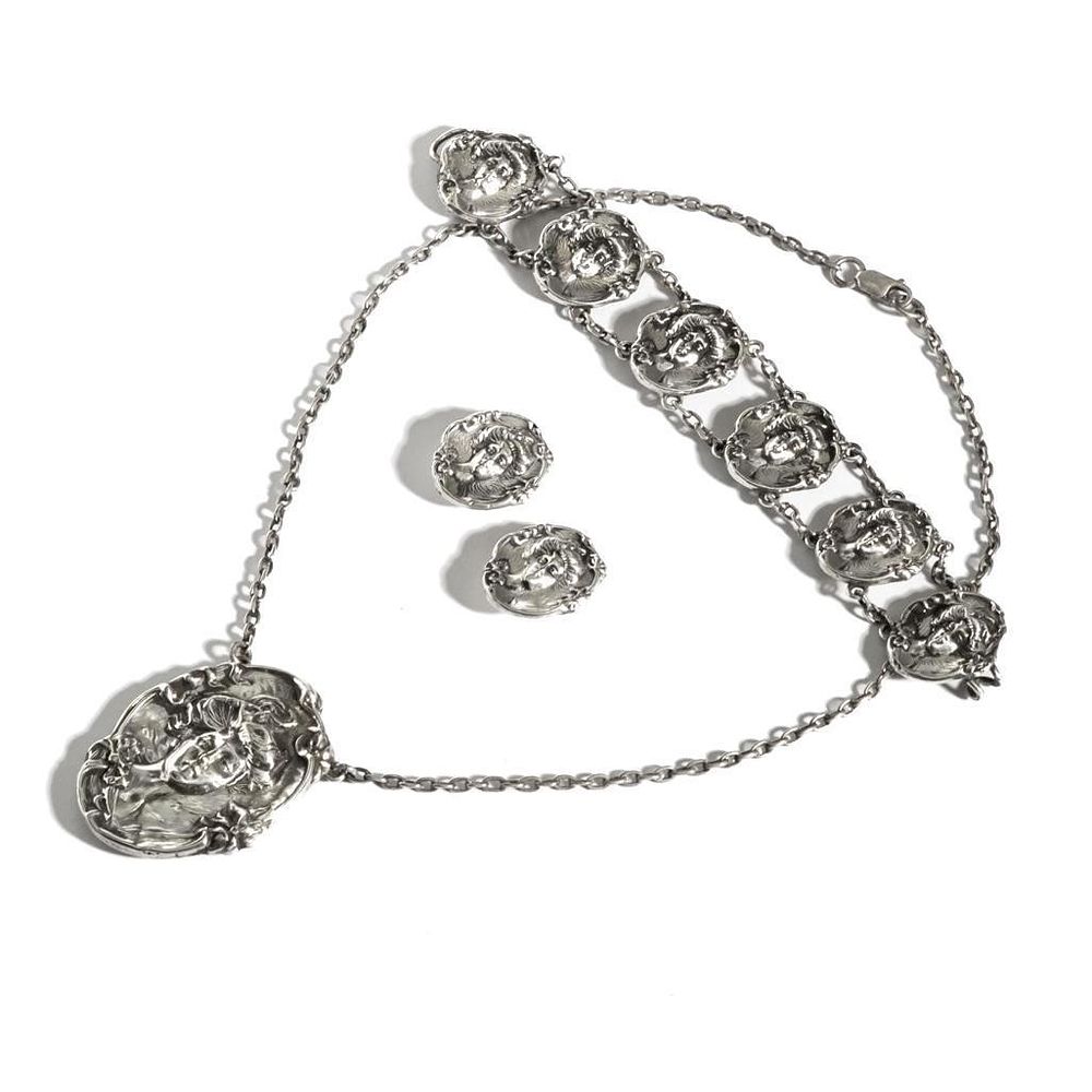 Lot 228: Antique Gibson Girl Sterling Silver Necklace, Bracelet and earrings