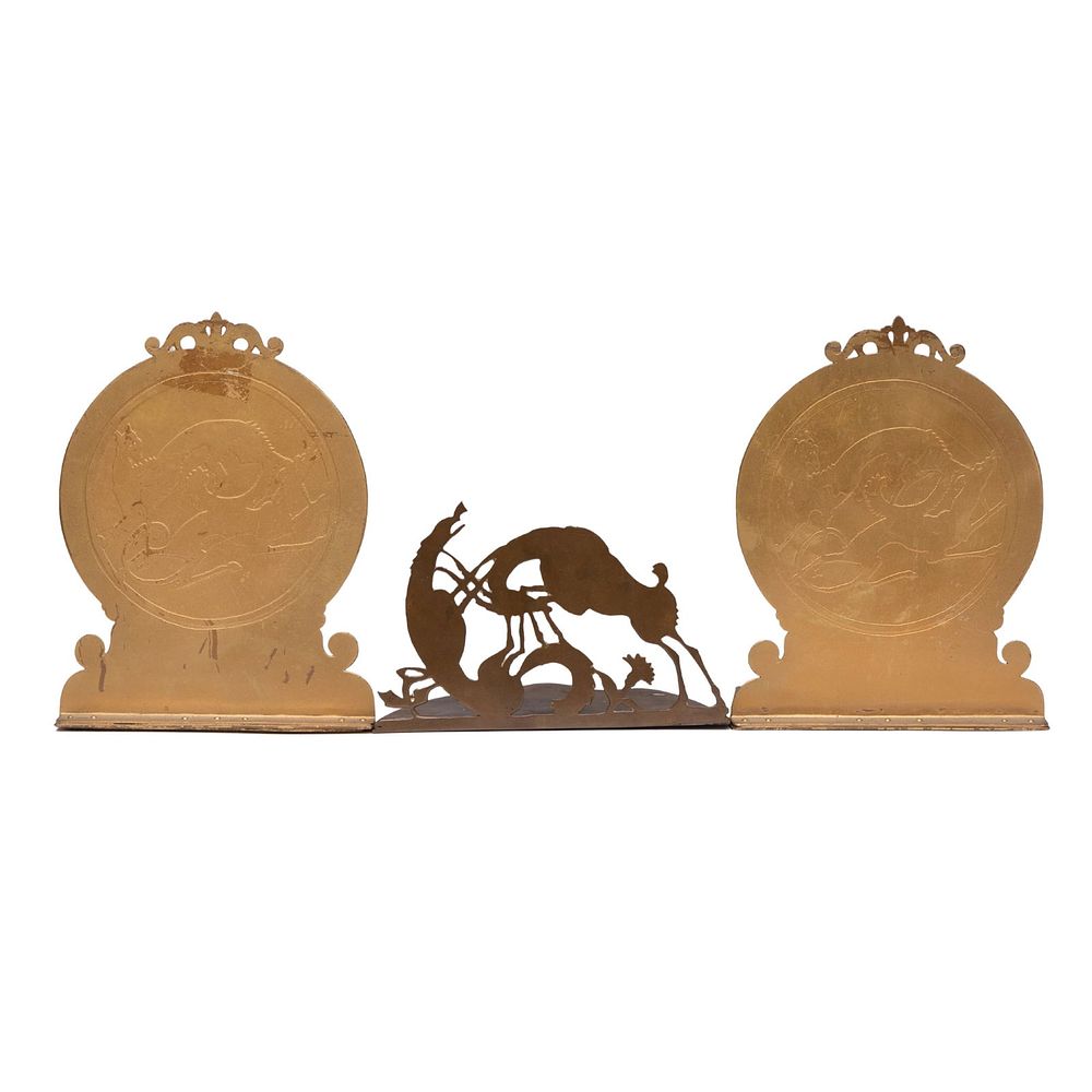 Lot 208: William Hunt Diederich (??) Art Deco Copper Bookends and small cut out silhouette profile sculpture