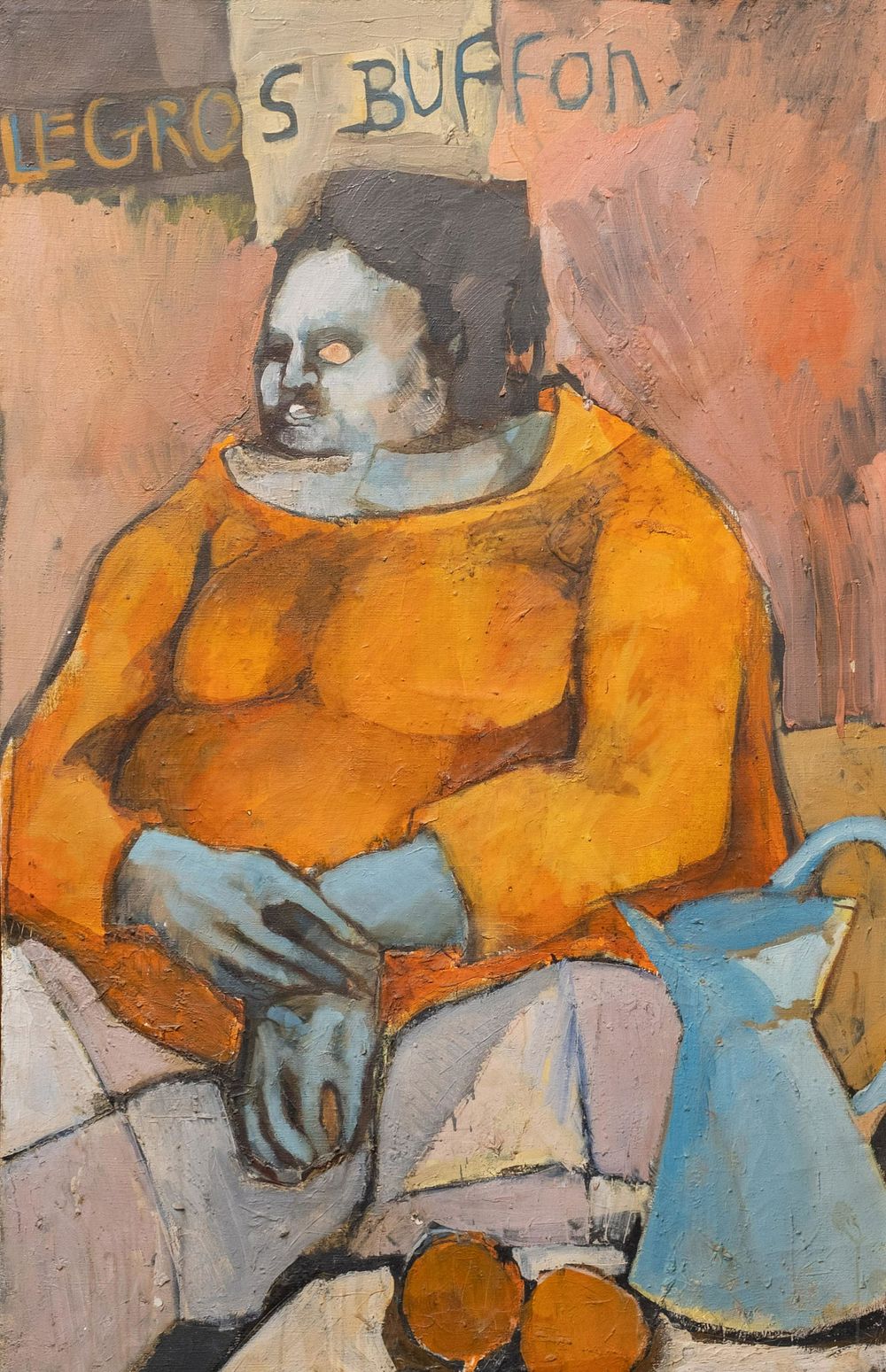 Lot 214: Oil on Canvas Painting of a Blue Man? with the words LEGROS BUFFON painted in the background .