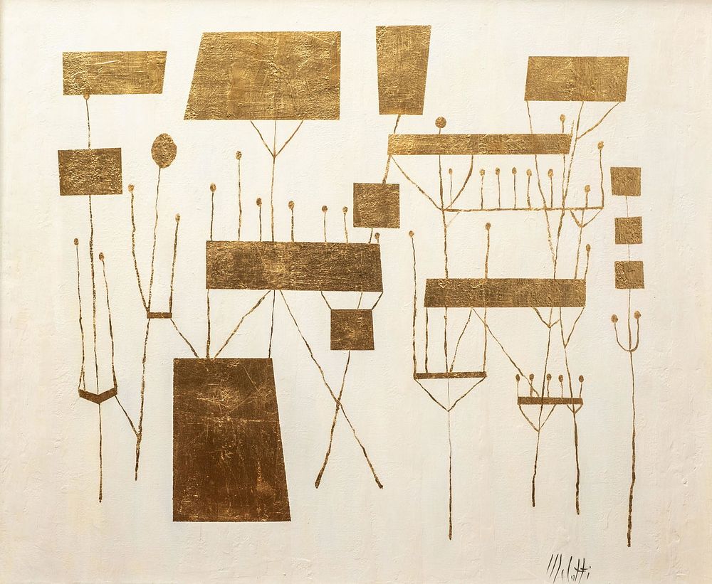 Lot 216: Signed Fausto Melotti Modernist Gold Metal Leaf Oil Painting on canvas