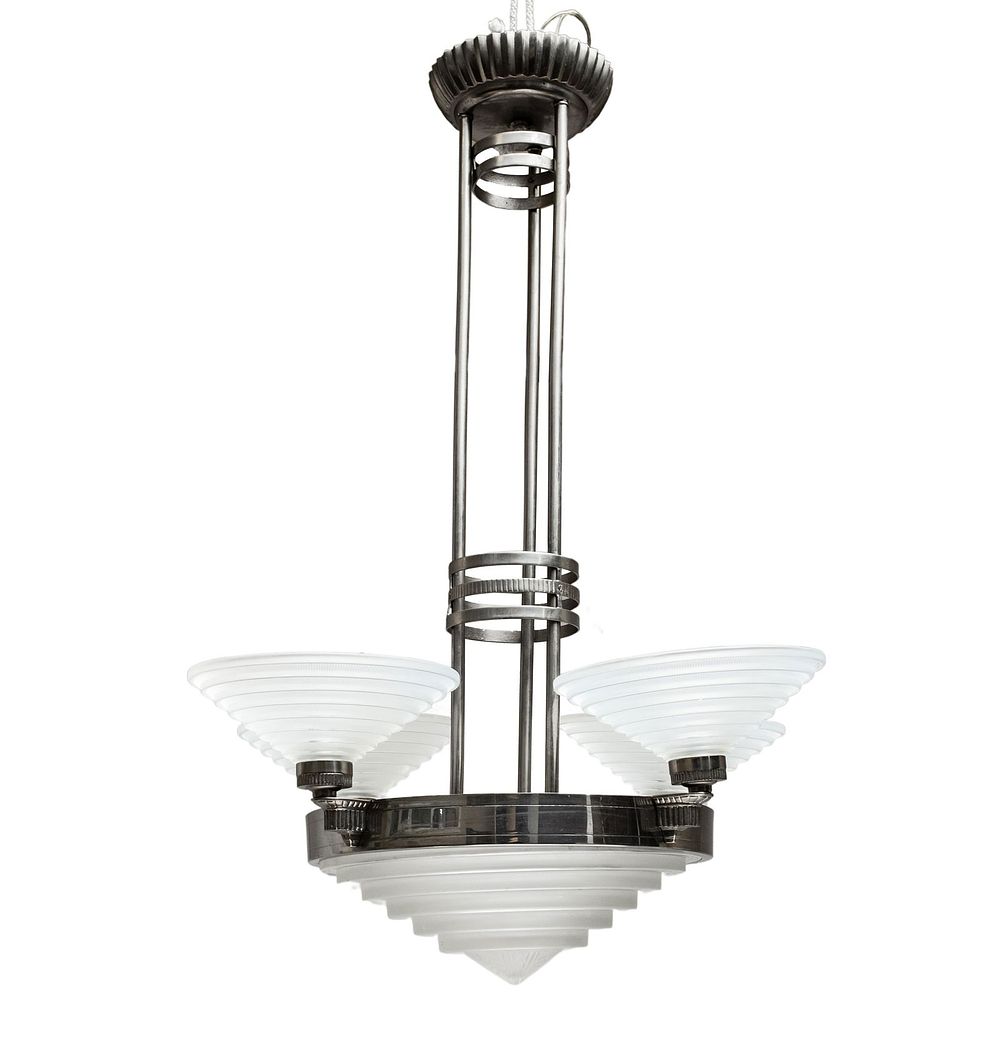 Lot 218: Leleu Signed Ceiling lamp, French Art Deco Five Light Chandelier ceiling lamp circa 1930