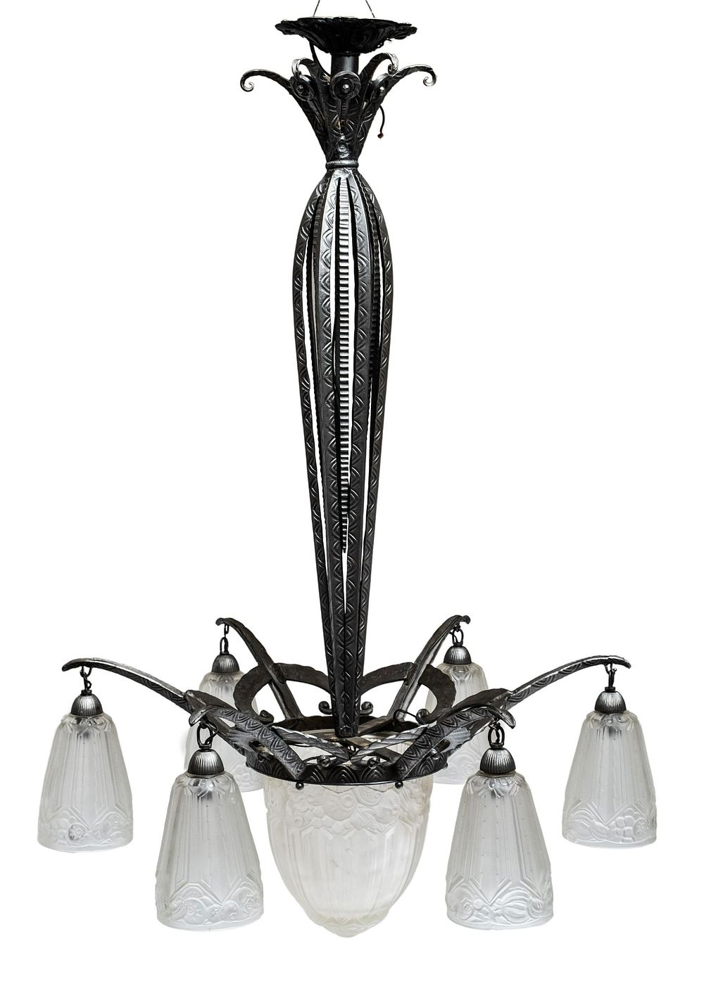 Lot 219: French Art Deco Silvered Iron & Molded Glass Chandelier
