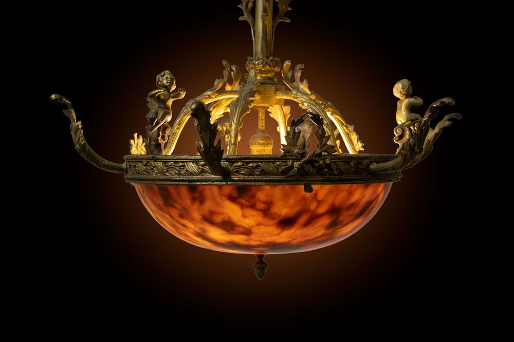 Lot 220: Antique Bronze and Alabaster Hanging Light Fixture